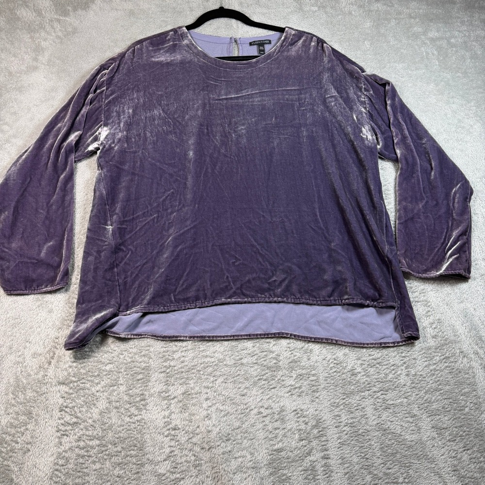 Eileen Fisher Velvet Top Womens Medium Purple Silk Blend Long Sleeve Boxy Hi-Low